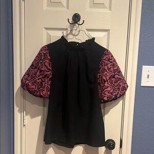 Entro Black Blouse with Pink Patterned Sleeves